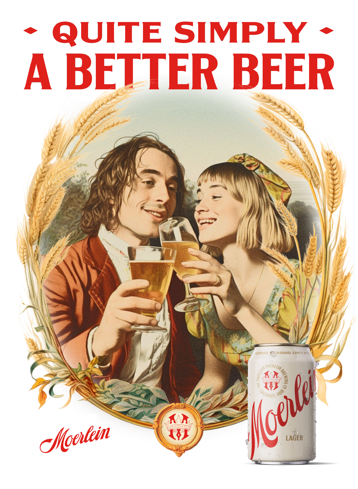 "Quite Simply A Better Beer" text over a young couple sharing a cheers of Christian Moerlein Lager