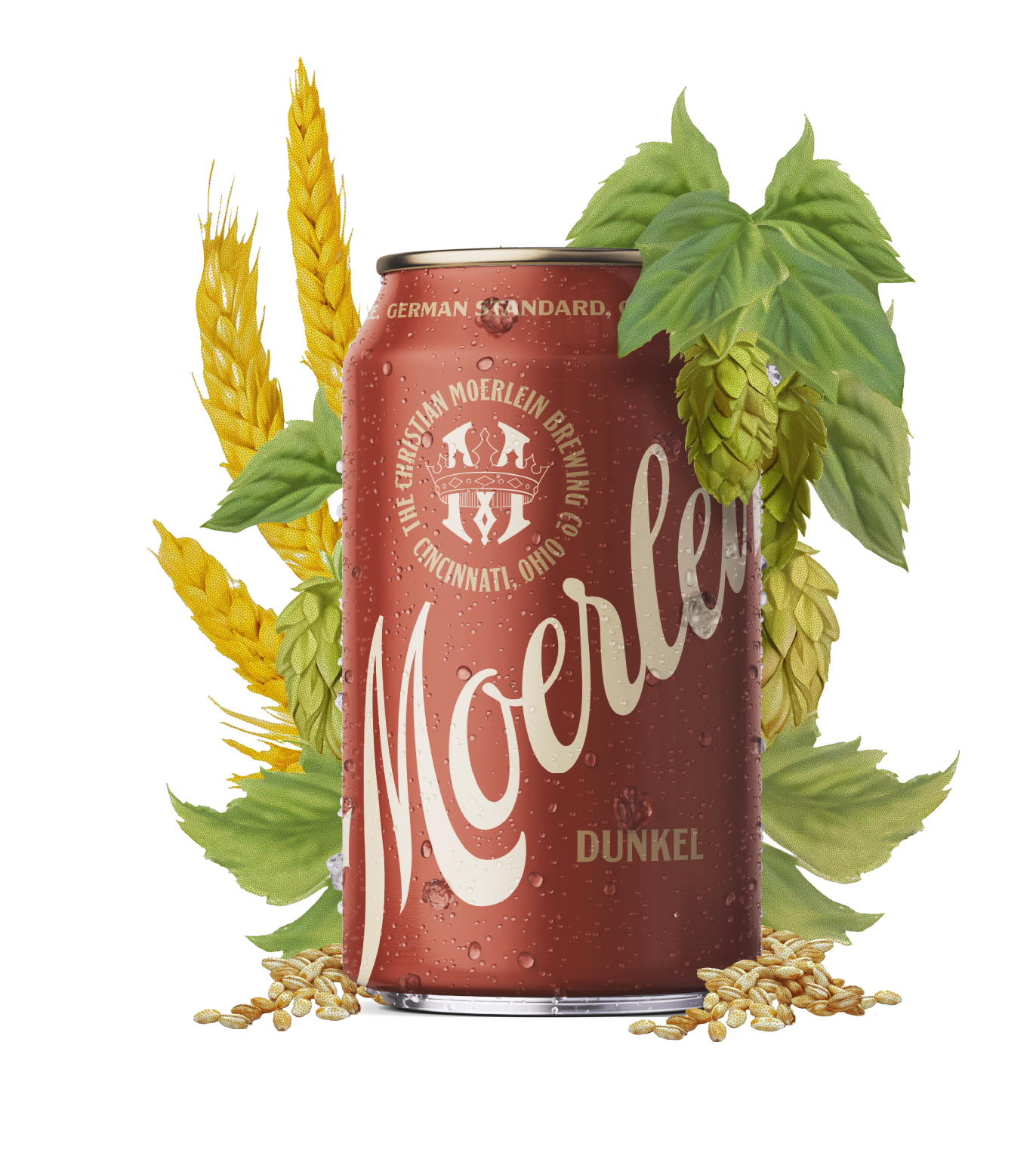 Moerlein Dunkel Can nestled in a wreath of hops and barley.