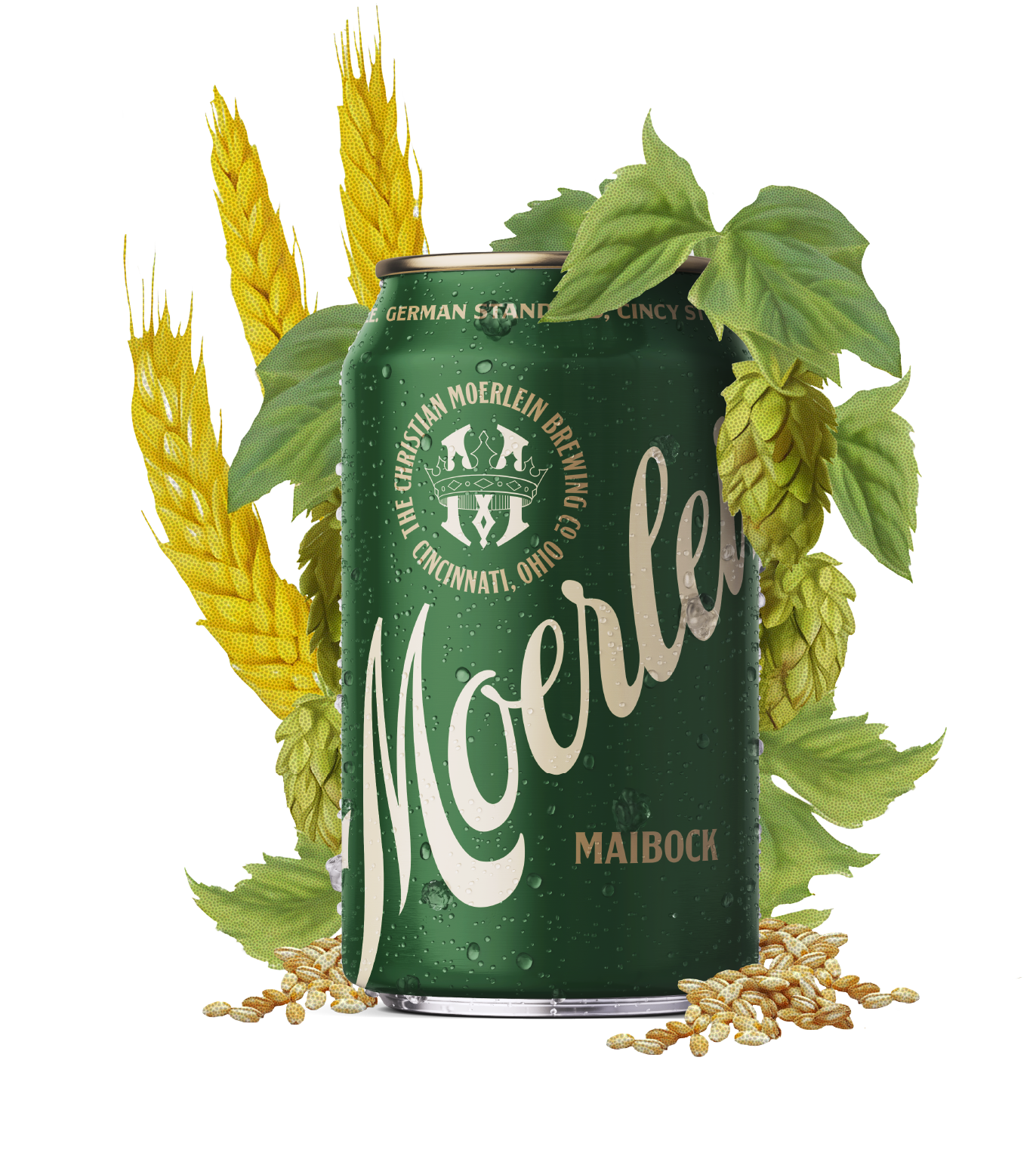 Moerlein Maibock Can nestled in a wreath of hops and malted barley.