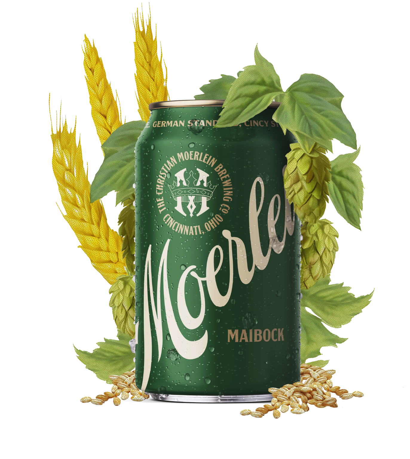 Seasonal_Maibock (4) Moerlein Maibock Can nestled in a wreath of hops and malted barley.