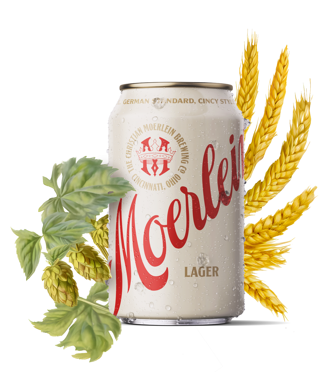 Moerlein Lager Can nestled in a wreath of hops and barley.