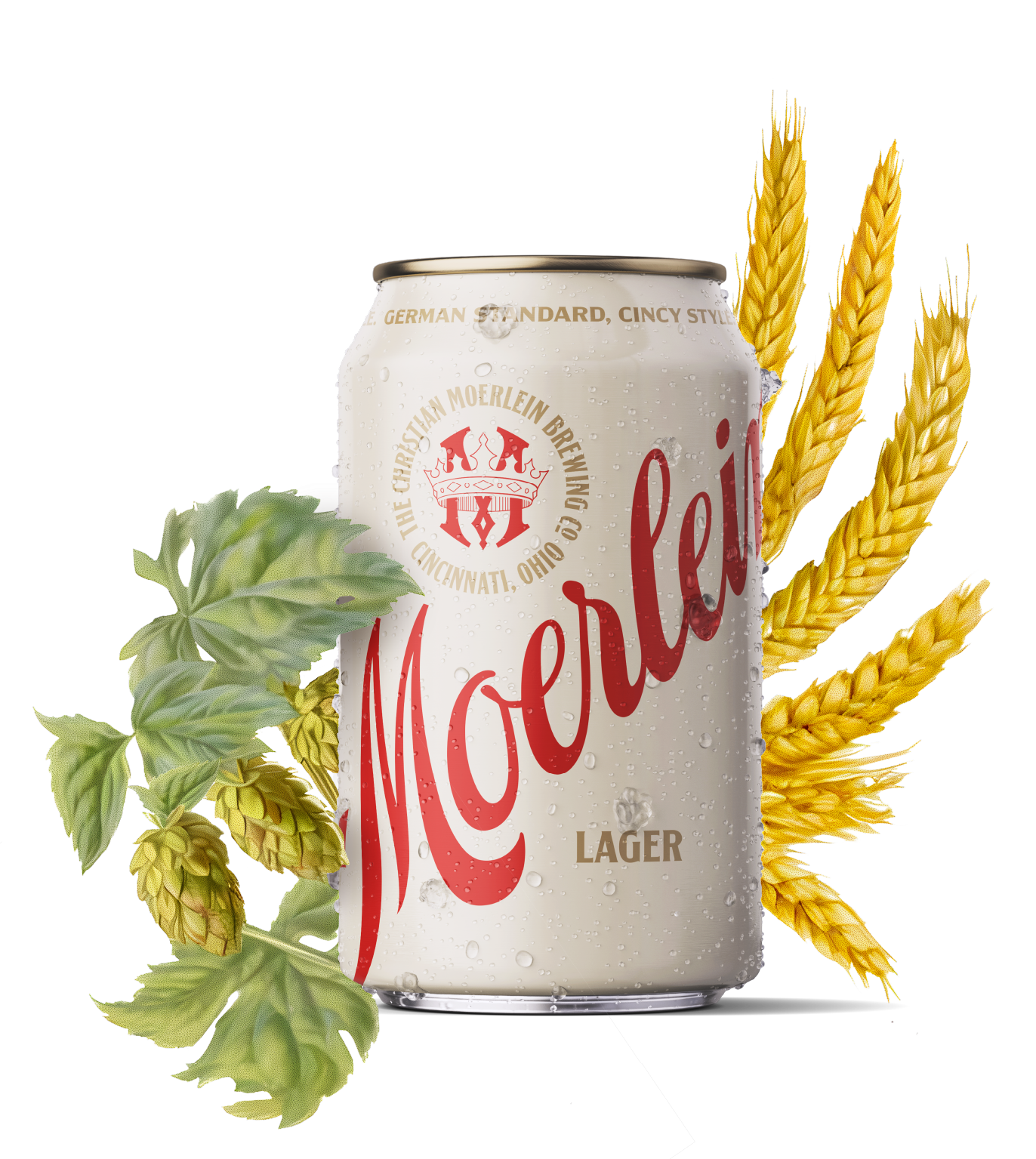 Year_Lager Moerlein Lager Can nestled in a wreath of hops and barley.
