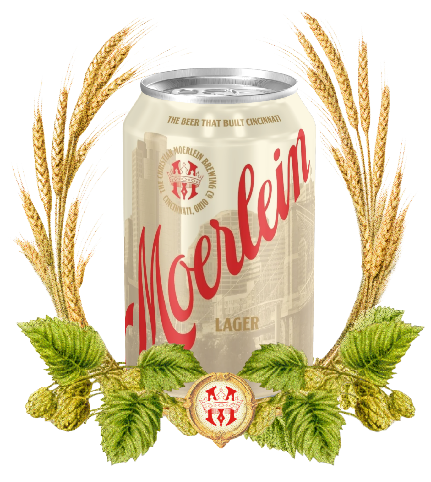 Moerlein Lager Can nestled in a wreath of hops and barley.